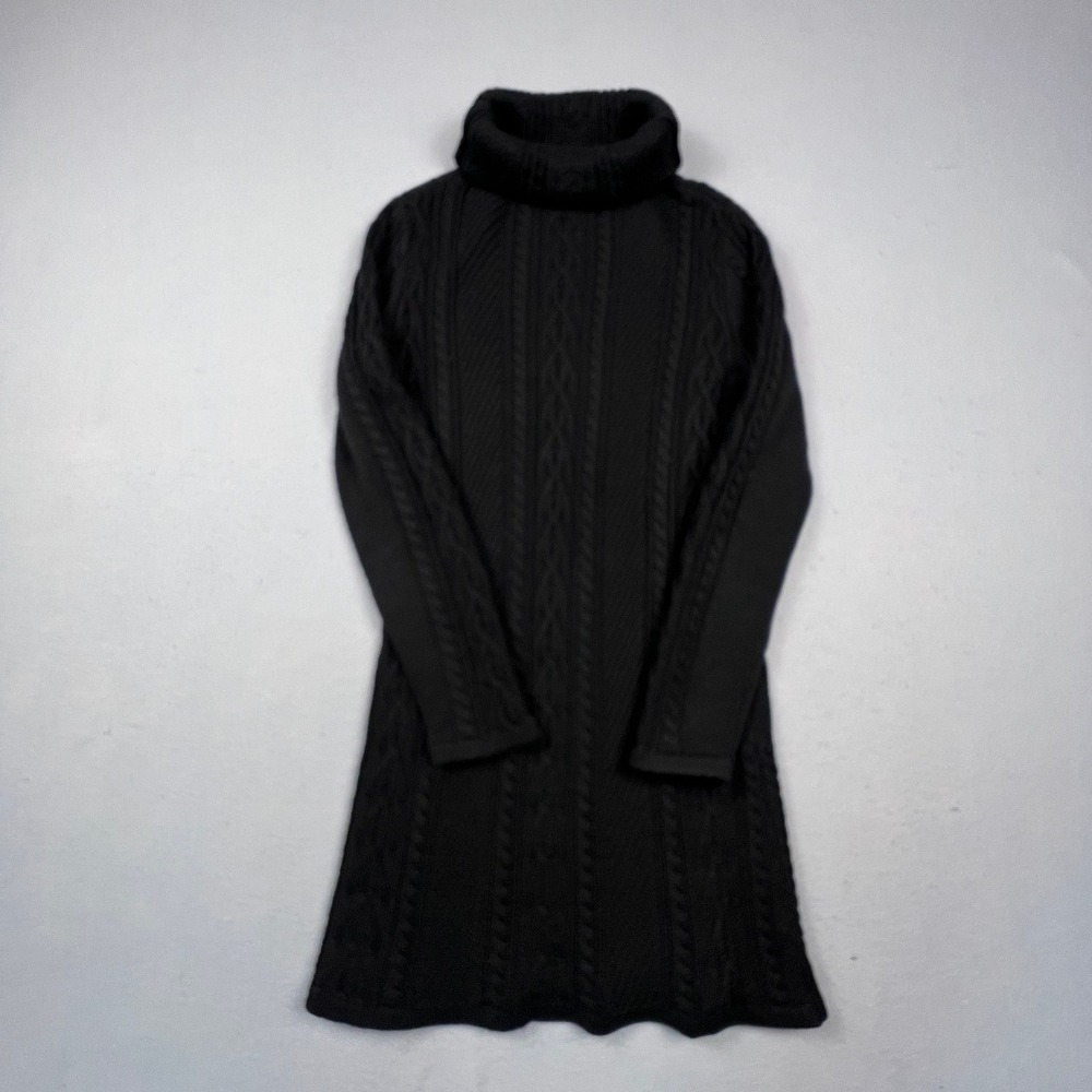 Cable Knit Sweater Dress Womens M Black Turtleneck Long‎ Sleeve Mini